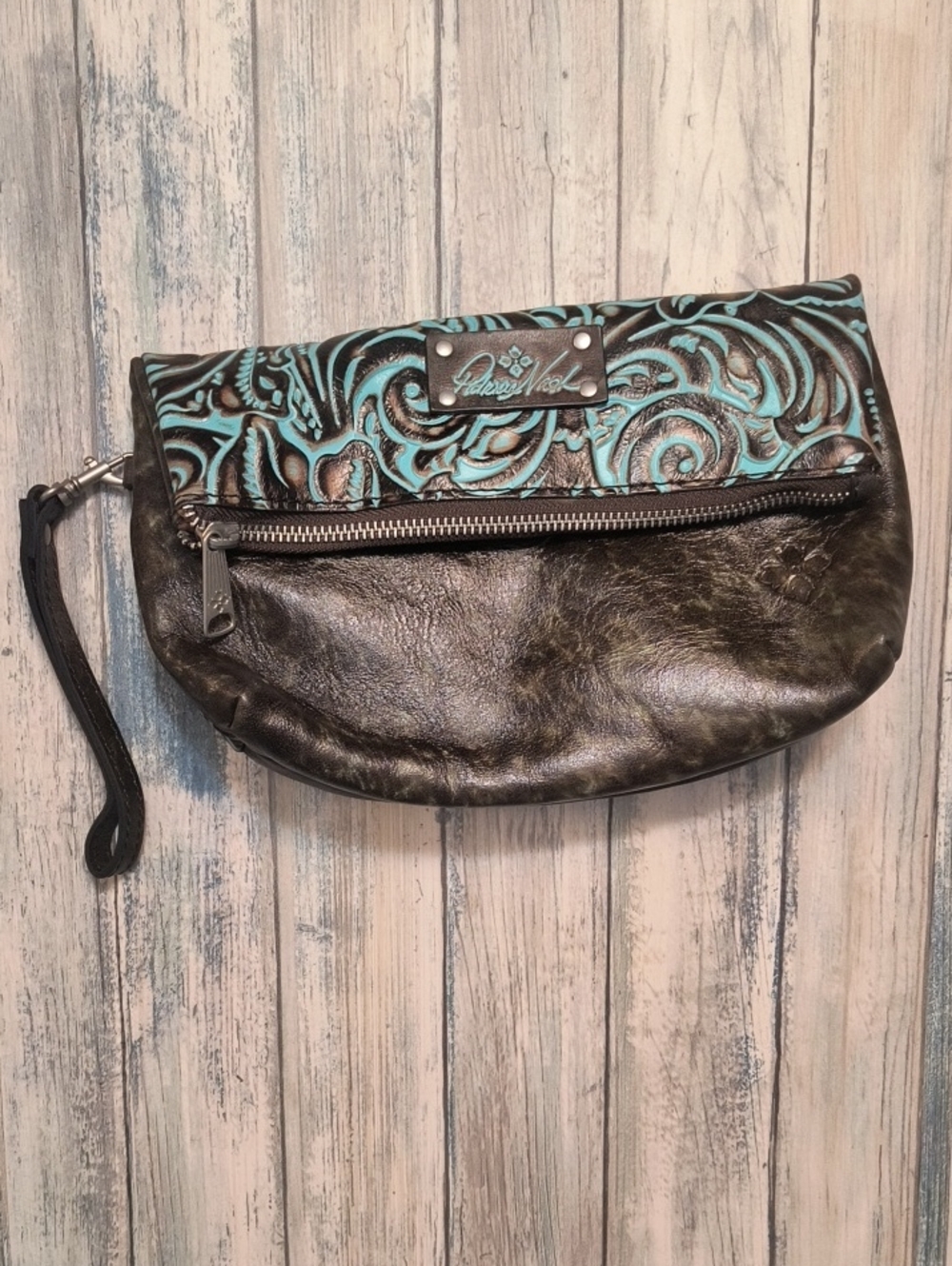 Patricia Nash Valerie Foldover Clutch Wristlet  Bag -Tooled Turquoise Leather